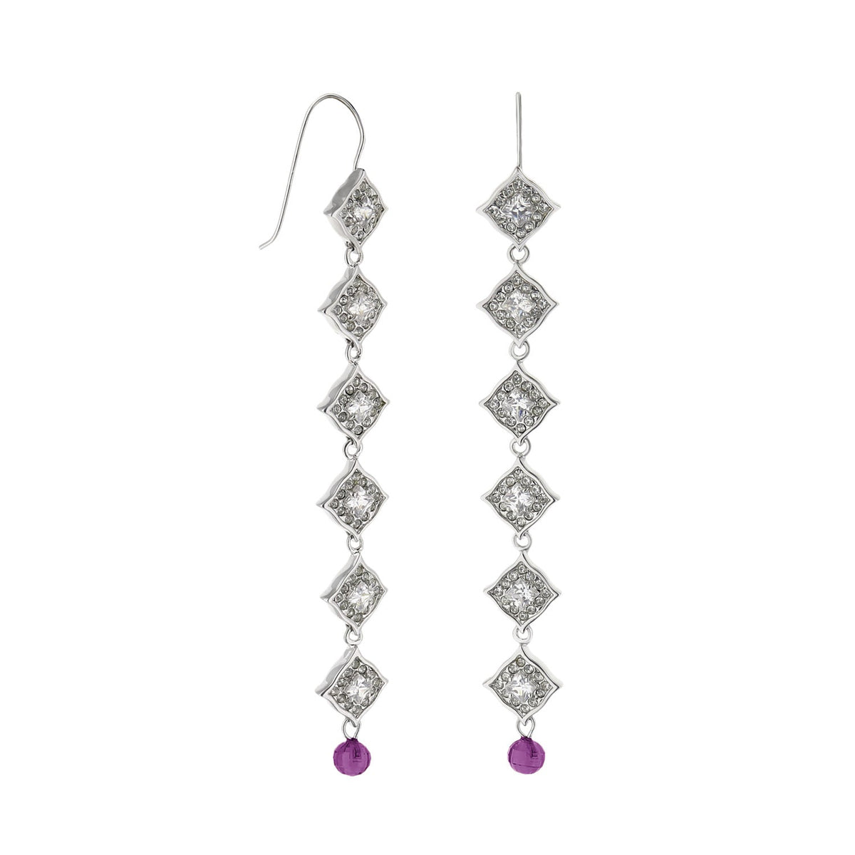 Classic Drop Earrings, LG Adams, silver-tone diamond-link pavé crystals with purple bead drops on Tampa Home & Garden Store