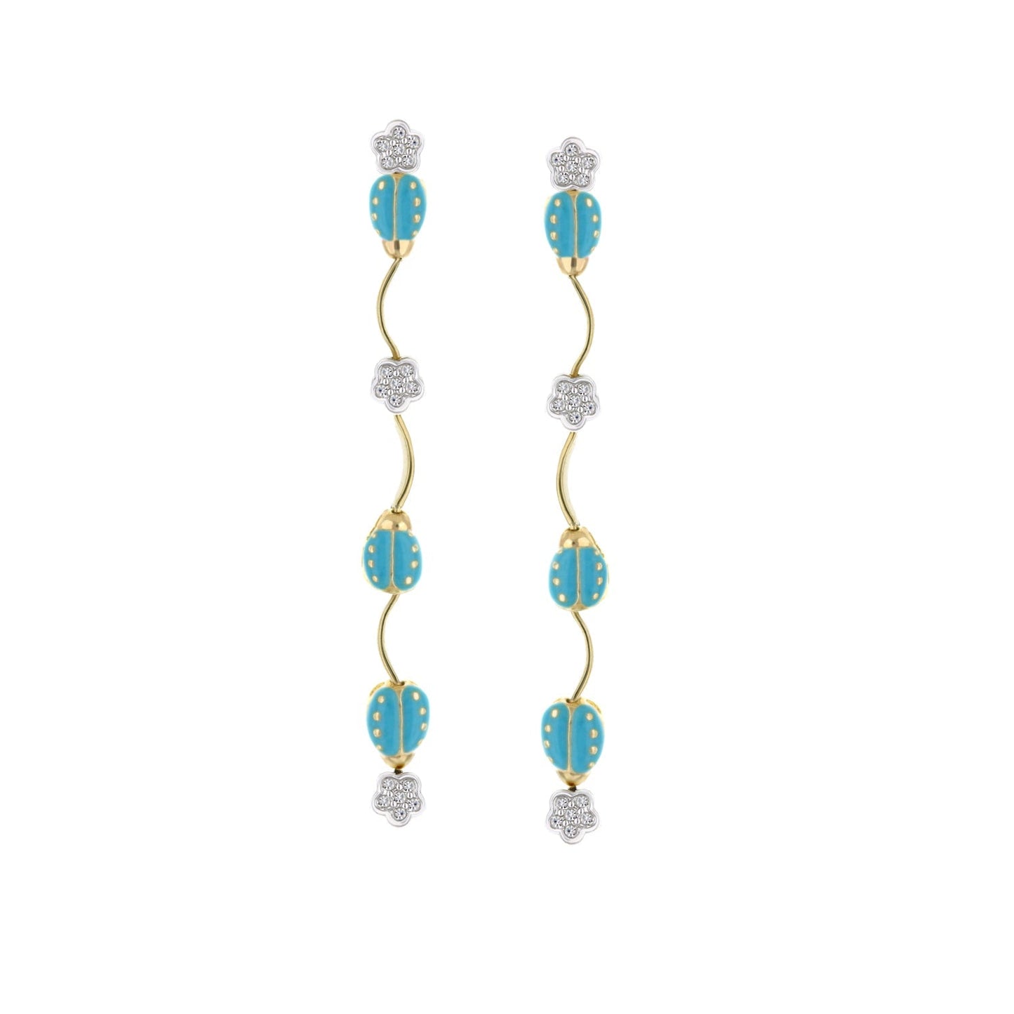 Lady Poof Dangle Earrings by Lauren G Adams, turquoise beads on gold-tone curves with crystal flowers, pair on Tampa Home & Garden Store