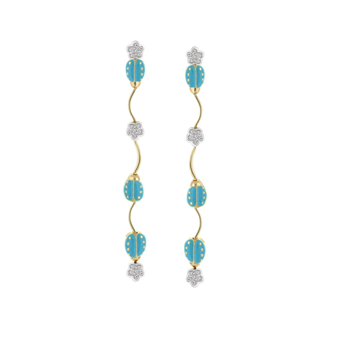 Lady Poof Dangle Earrings by Lauren G Adams, turquoise beads on gold-tone curves with crystal flowers, pair on Tampa Home & Garden Store