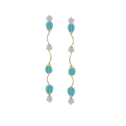 Lady Poof Dangle Earrings by Lauren G Adams, turquoise beads on gold-tone curves with crystal flowers, pair on Tampa Home & Garden Store