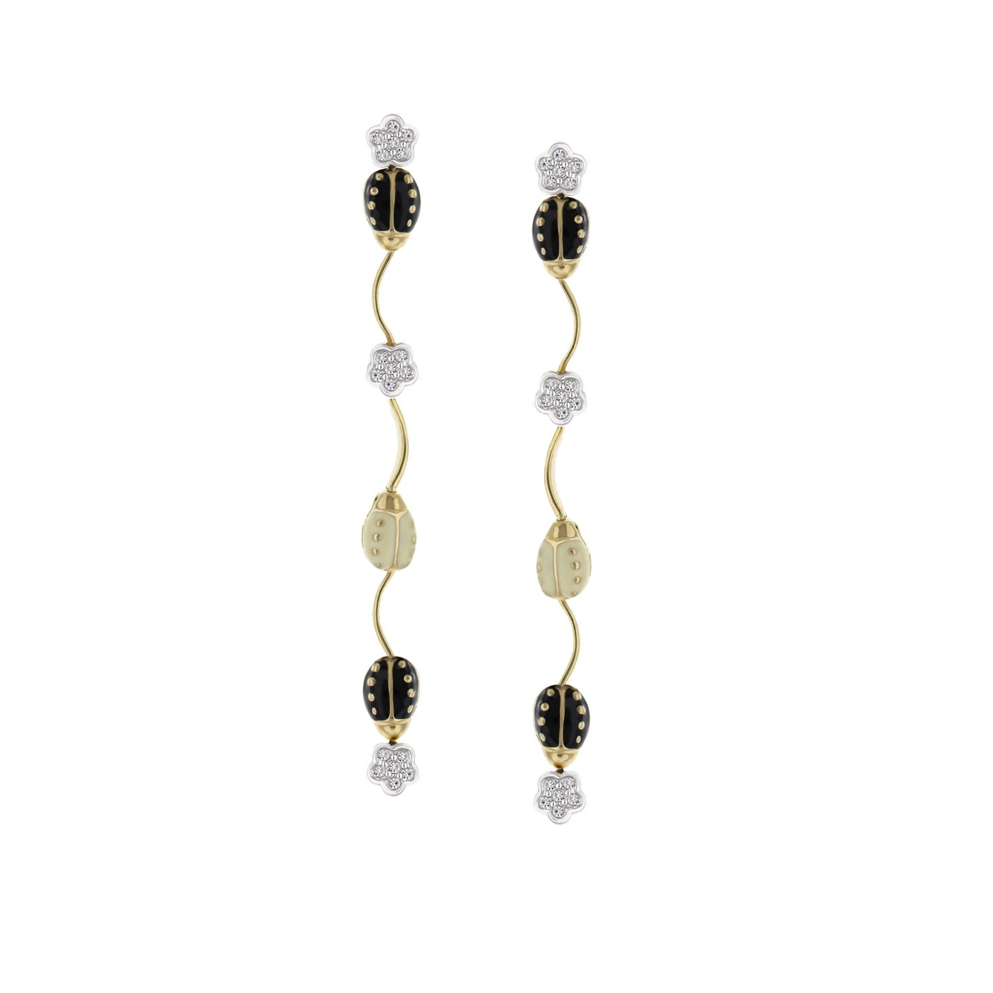 Lady Poof Dangle Earrings pair goldtone curved stems, black oval beads, beige beads on Tampa Home & Garden Store