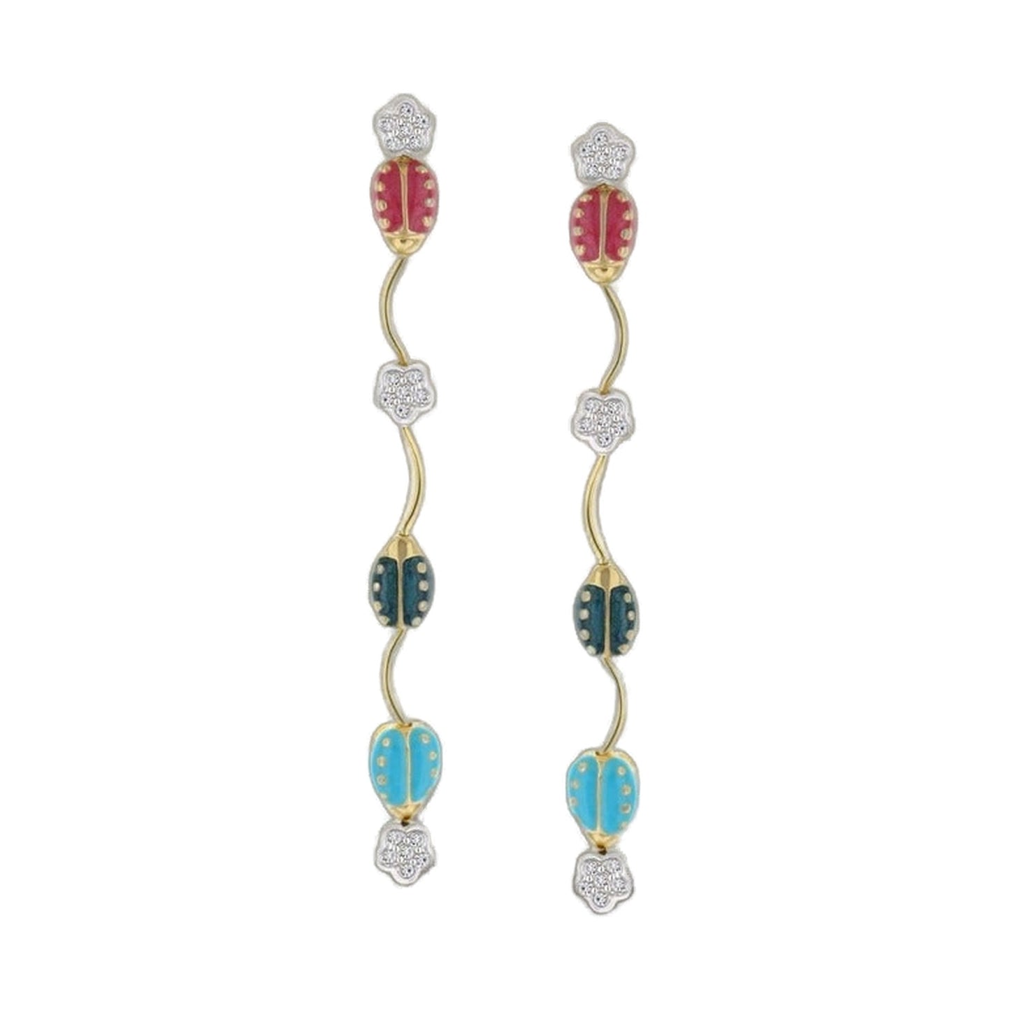 Two Lady Poof Dangle Earrings by Lauren G Adams, red oval beads and blue teardrops on goldtone on Tampa Home & Garden Store