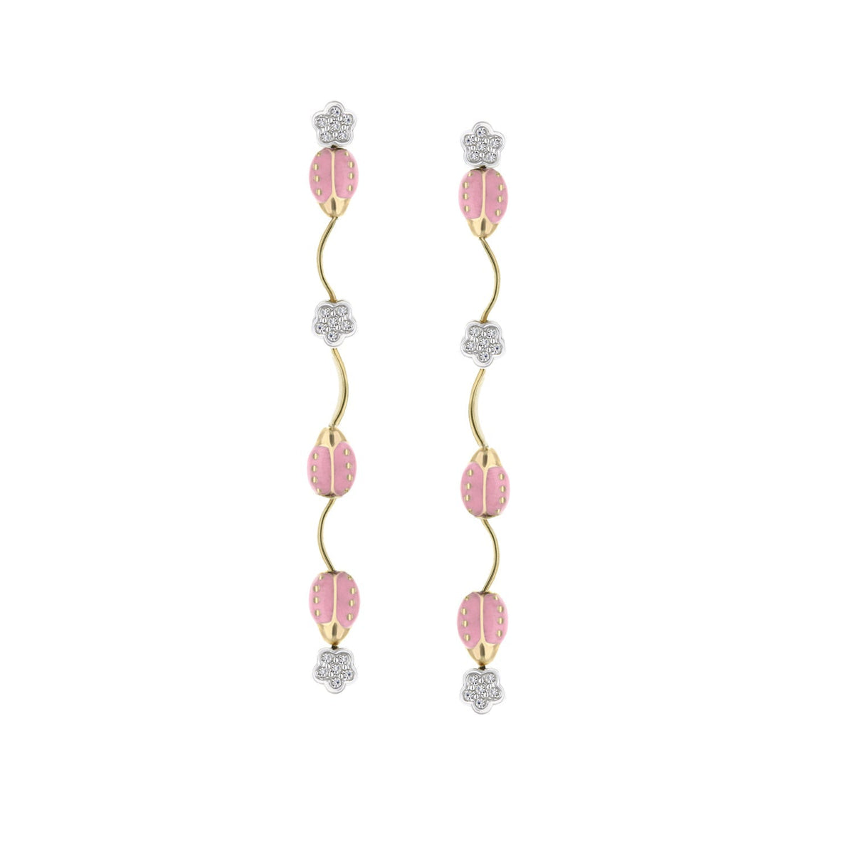 Lady Poof Earrings pink enamel beads on gold stems with flower accents by Lauren G Adams on Tampa Home & Garden Store