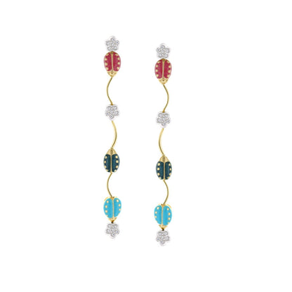 Lady Poof Earrings by Lauren G Adams, pair of gold-tone drops with red/blue/turquoise beads on Tampa Home & Garden Store