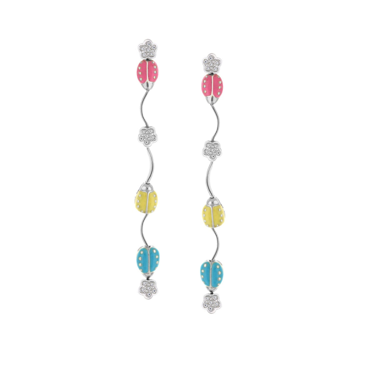 Lady Poof Earrings pair pink yellow blue enamel beads with flowers, silver-tone dangles on Tampa Home & Garden Store