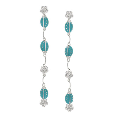 Lady Poof Earring pair with turquoise beads and silver floral caps with crystals on Tampa Home & Garden Store