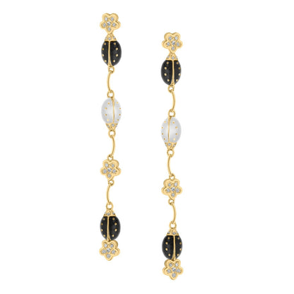 Lady Poof Earring dangle with black and white beads, crystal flower accents, gold-tone on Tampa Home & Garden Store