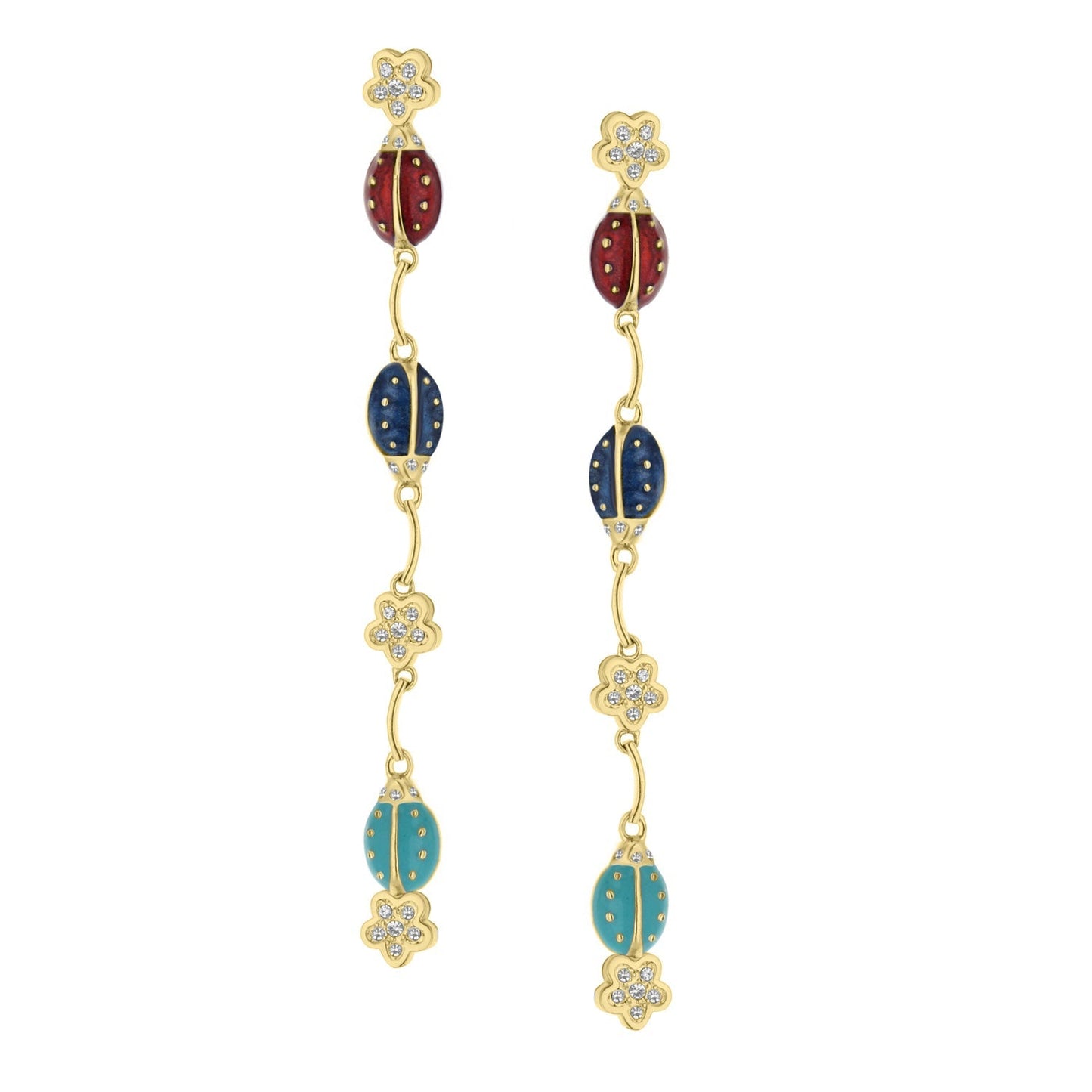 Lady Poof Earrings pair with gold-tone links, red and teal enamel ladybugs and crystal flowers on Tampa Home & Garden Store