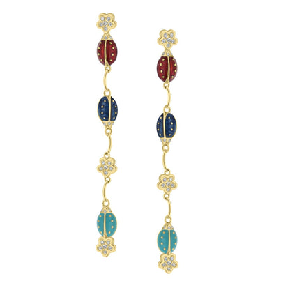 Lady Poof Earrings pair with gold-tone links, red and teal enamel ladybugs and crystal flowers on Tampa Home & Garden Store