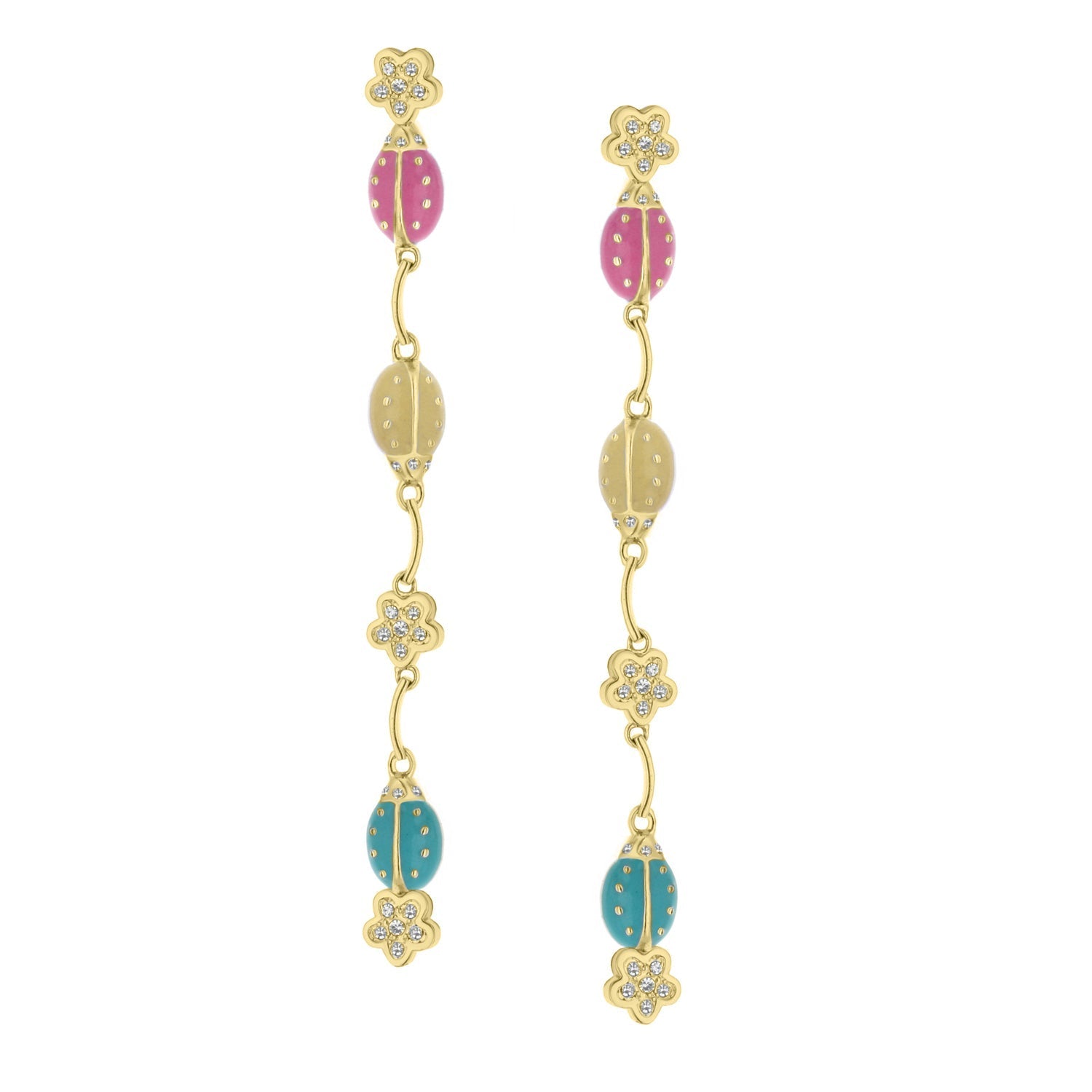 Lady Poof Earrings pair, pink and teal enamel beads, crystal flower accents, gold-tone dangles on Tampa Home & Garden Store