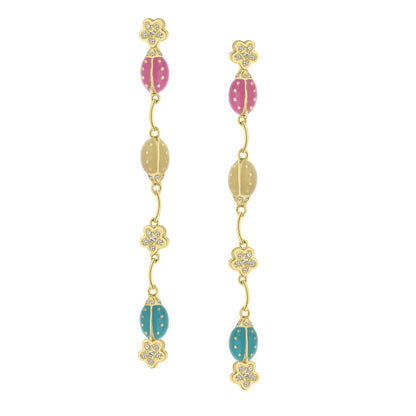 Lady Poof Earrings pair, pink and teal enamel beads, crystal flower accents, gold-tone dangles on Tampa Home & Garden Store