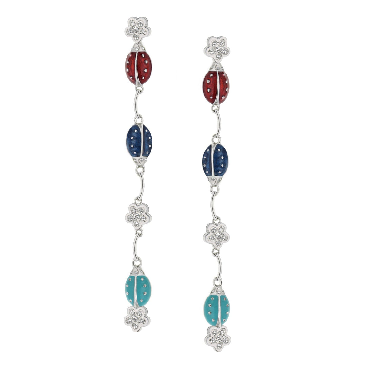 Lady Poof Earring pair: red, blue and teal bead dangles with flower charms, silver-tone on Tampa Home & Garden Store