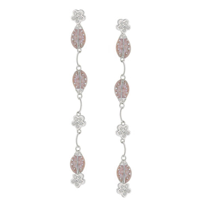 Lady Poof Earring pair with pink oval beads and crystal flower caps on silver dangle links on Tampa Home & Garden Store