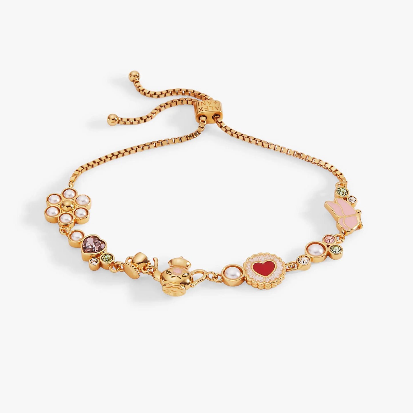 Tea Party Bolo Bracelet by ALEX AND ANI in rose gold-tone with flower and heart charms on Tampa Home & Garden Store