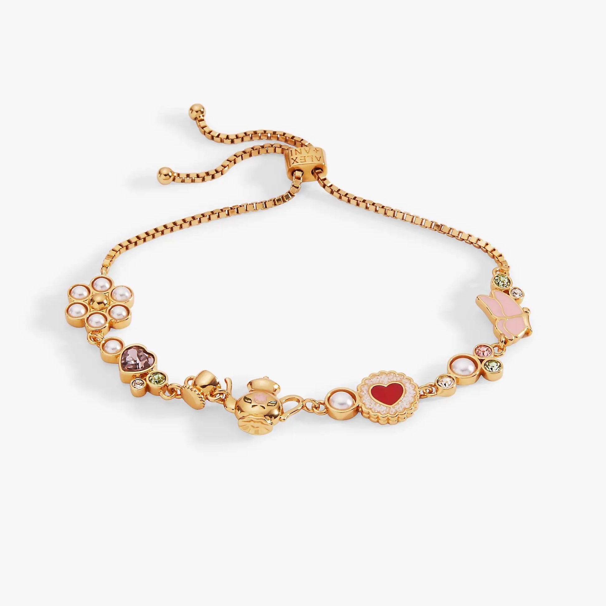 Tea Party Bolo Bracelet by ALEX AND ANI in rose gold-tone with flower and heart charms on Tampa Home & Garden Store