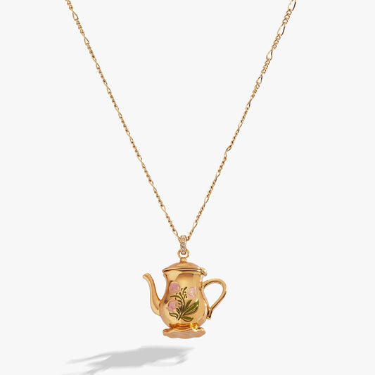 Tea Party Kettle Locket Necklace, goldtone teapot pendant with floral enamel, ALEX AND ANI on Tampa Home & Garden Store