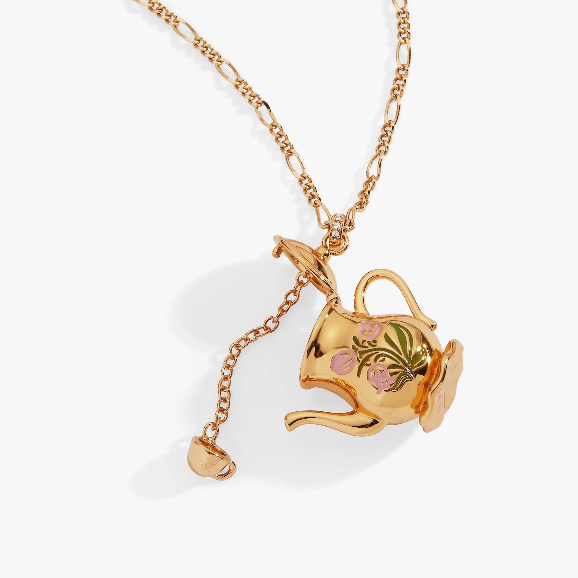 Tea Party Kettle Locket Necklace by Alex and Ani, rose-gold teapot pendant with floral enamel on Tampa Home & Garden Store