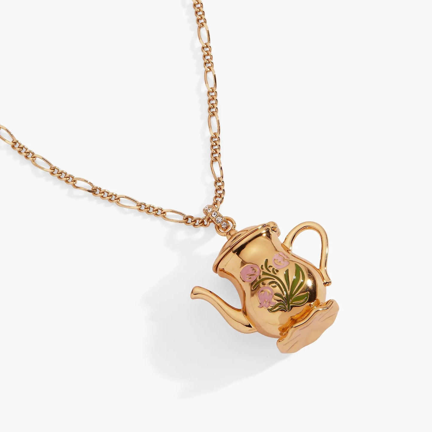 Tea Party Kettle Locket Necklace in gold-tone with pink floral enamel, ALEX AND ANI chain on Tampa Home & Garden Store