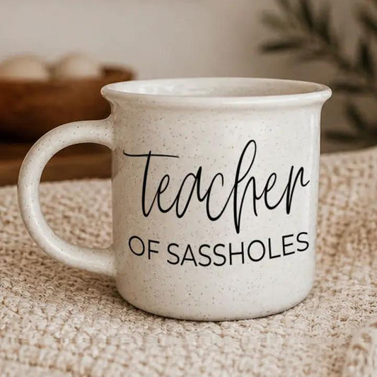 Mug Teacher of Sassholes, speckled white ceramic, Gia Roma on Tampa Home & Garden Store