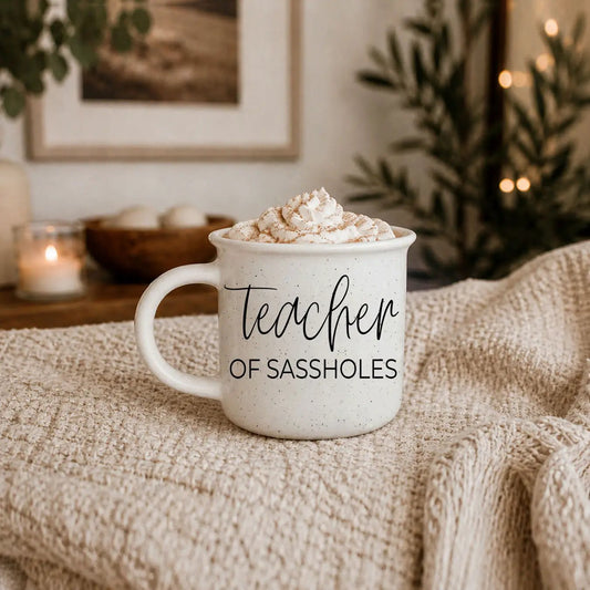 Coffee mug ceramic speckled white with whipped cream topping, Teacher of Sassholes on Tampa Home & Garden Store