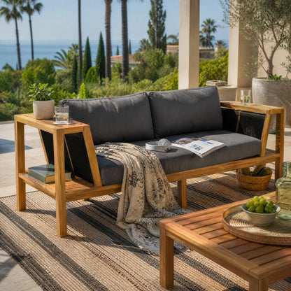 HouseOfZazla teak finish acacia wood outdoor daybed sofa set with dark cushions, coastal patio seating on Tampa Home & Garden Store