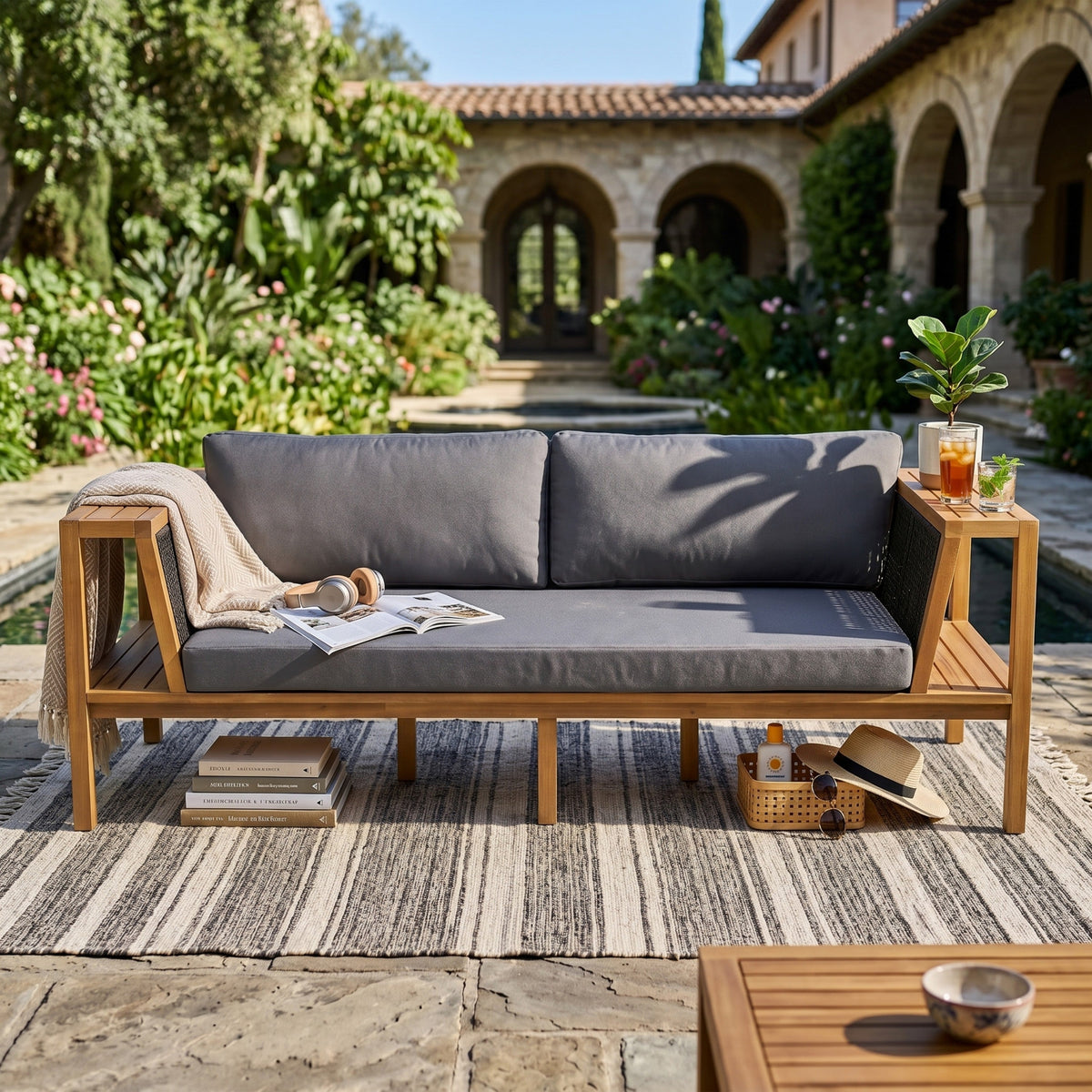 Teak finish acacia wood outdoor daybed sofa set with charcoal-gray cushions for patio use on Tampa Home & Garden Store