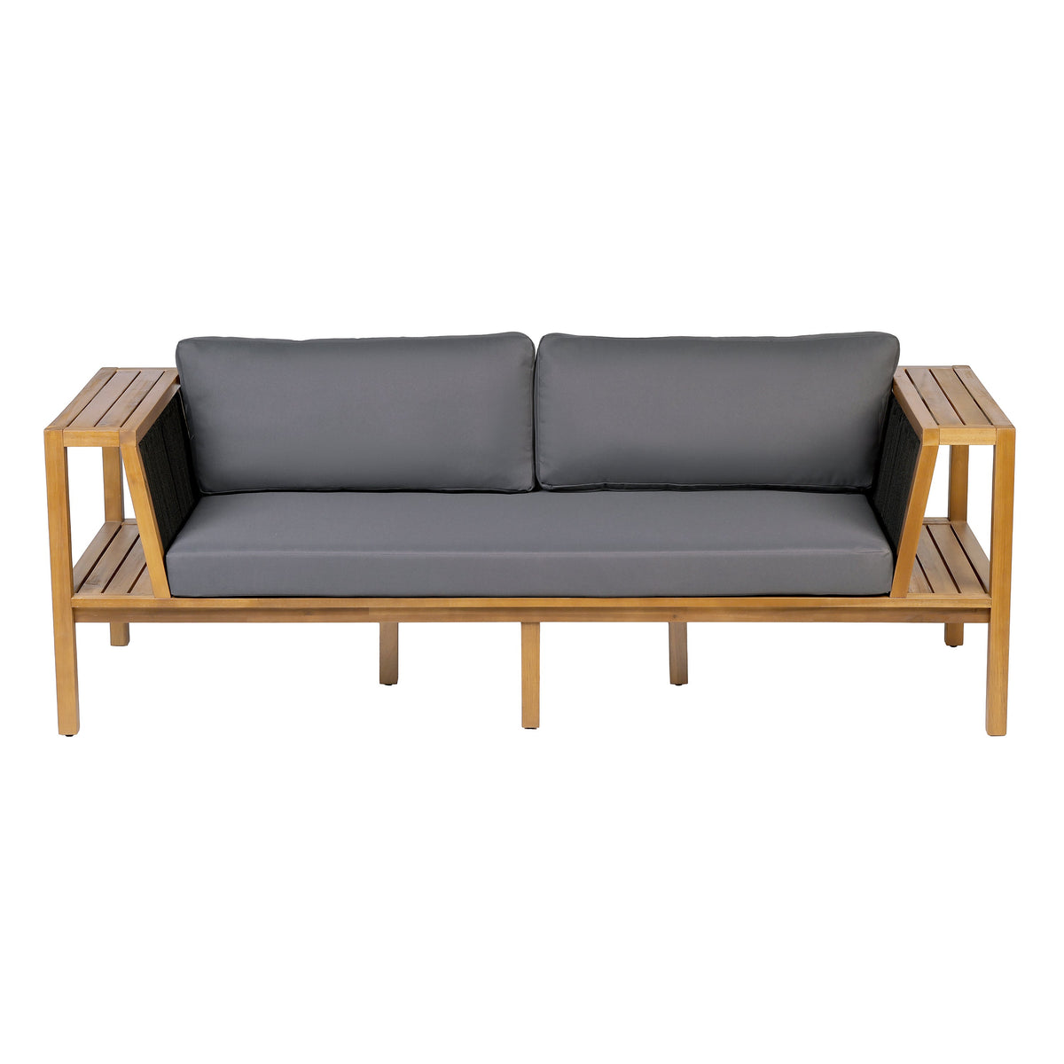 Teak finish acacia wood outdoor daybed sofa with dark gray cushions, modern patio seating on Tampa Home & Garden Store