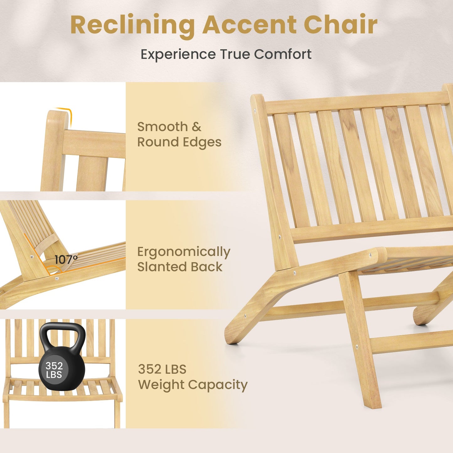 Sillón reclinable de exterior de madera de teca con respaldo cómodo