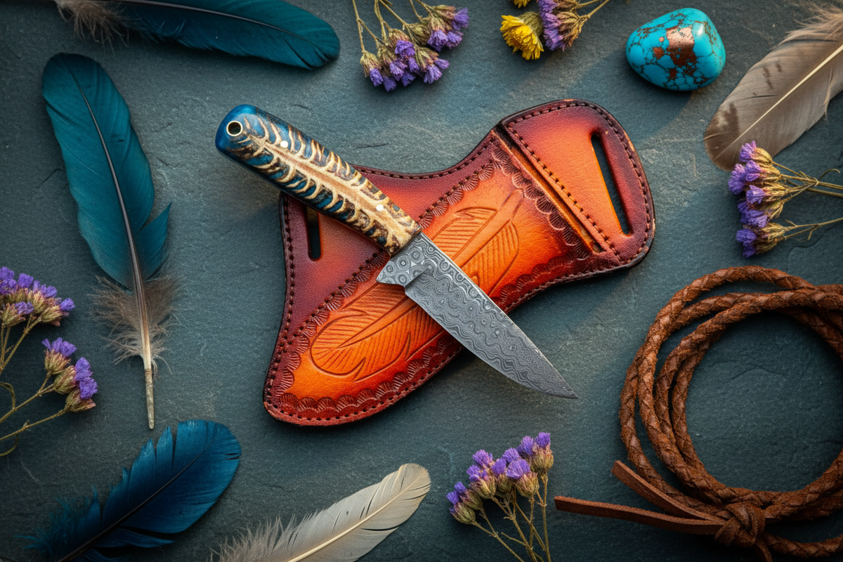 Western Ranch Knife Frontier Cowboy Gear Damascus blade, blue pine cone resin handle leather sheath on Tampa Home & Garden Store