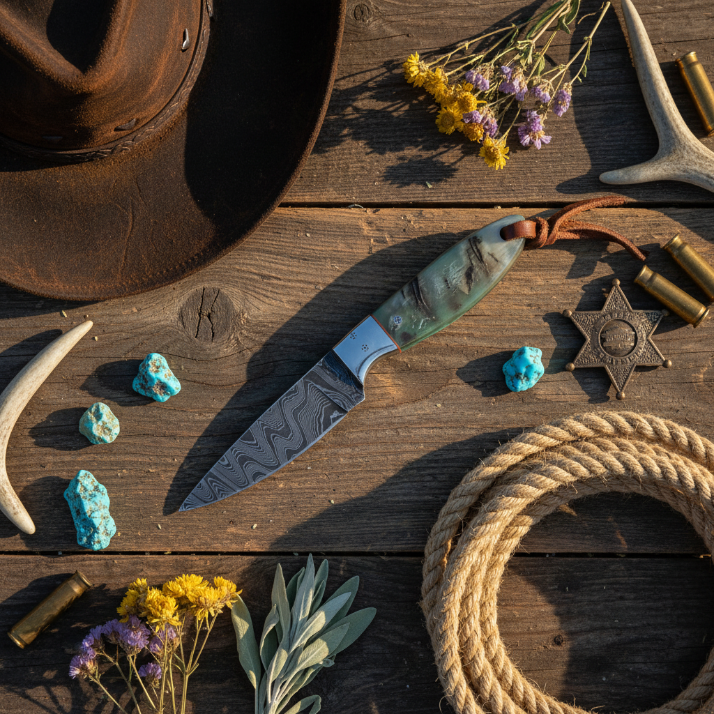 Damascus-pattern hunting knife with sheep horn handle and leather lanyard on rustic wood on Tampa Home & Garden Store