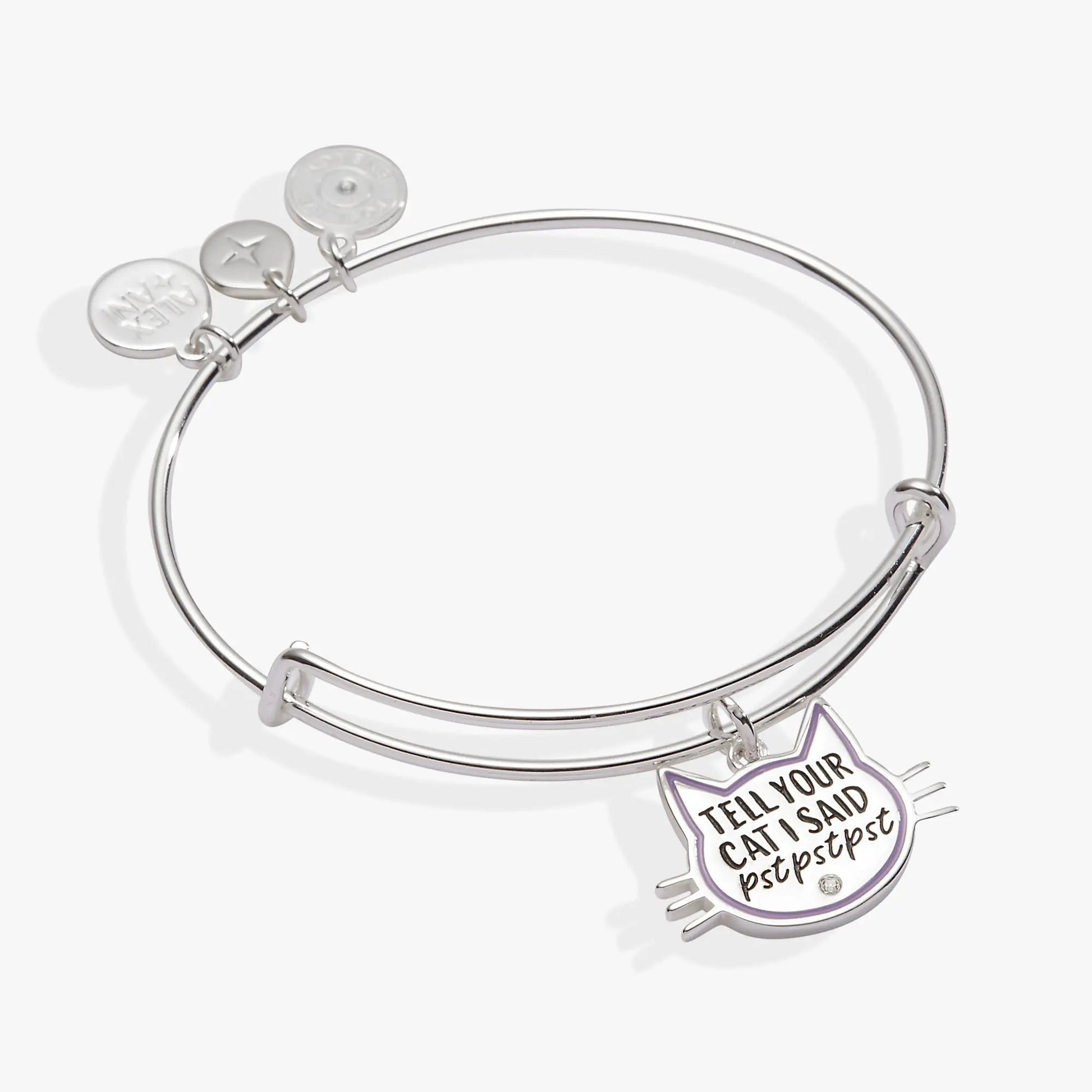Tell Your Cat I Said Pst Pst Pst bangle by ALEX AND ANI with round disc charms on Tampa Home & Garden Store