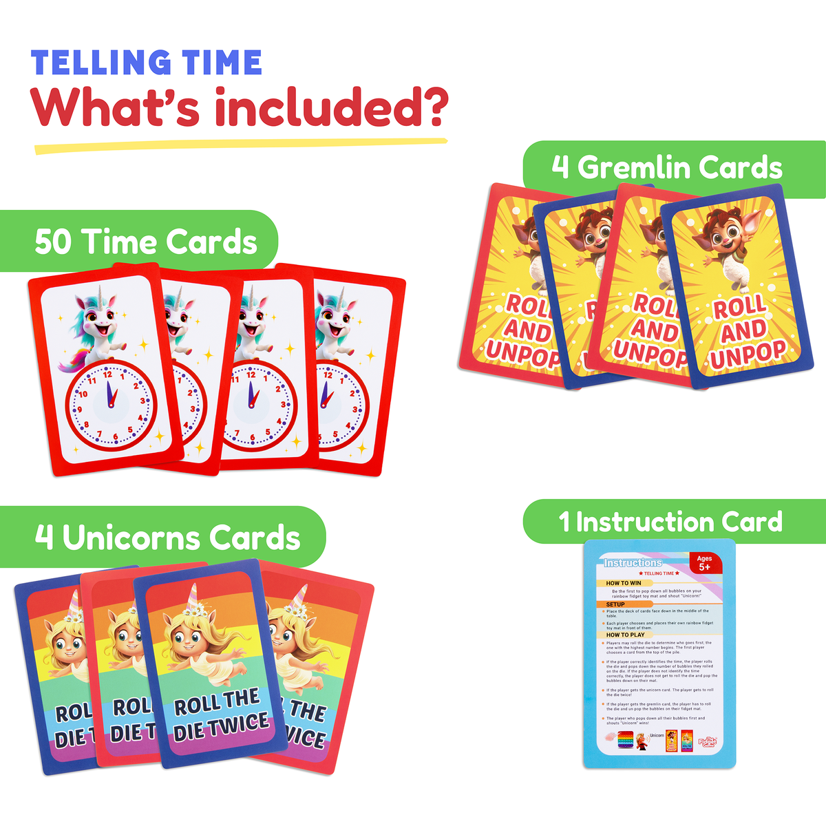 Telling Time Card Pack by The Fidget Games — 50 Time Cards, 4 Unicorn Cards, 4 Gremlin Cards, 1 Instruction Card on Tampa Home & Garden Store