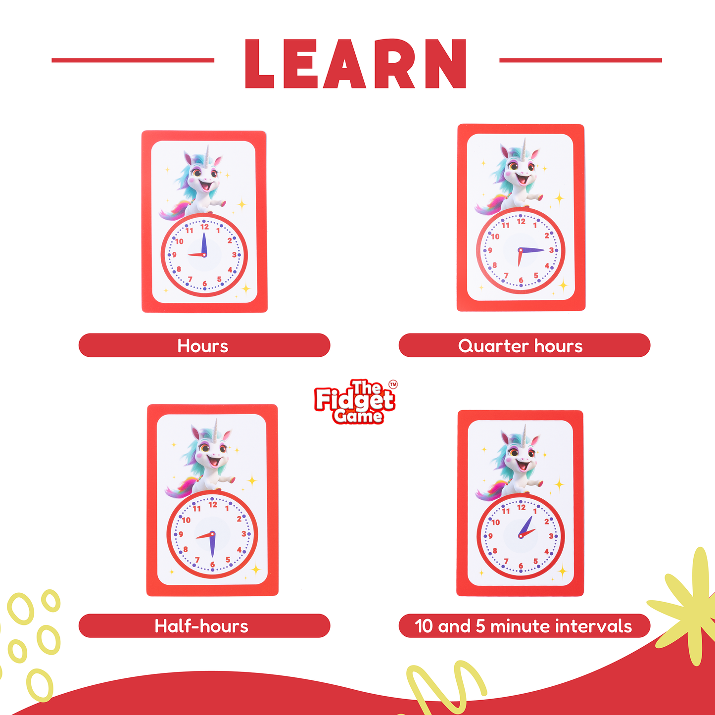 Telling Time Card Pack by The Fidget Games — two unicorn clock cards in red frames on Tampa Home & Garden Store