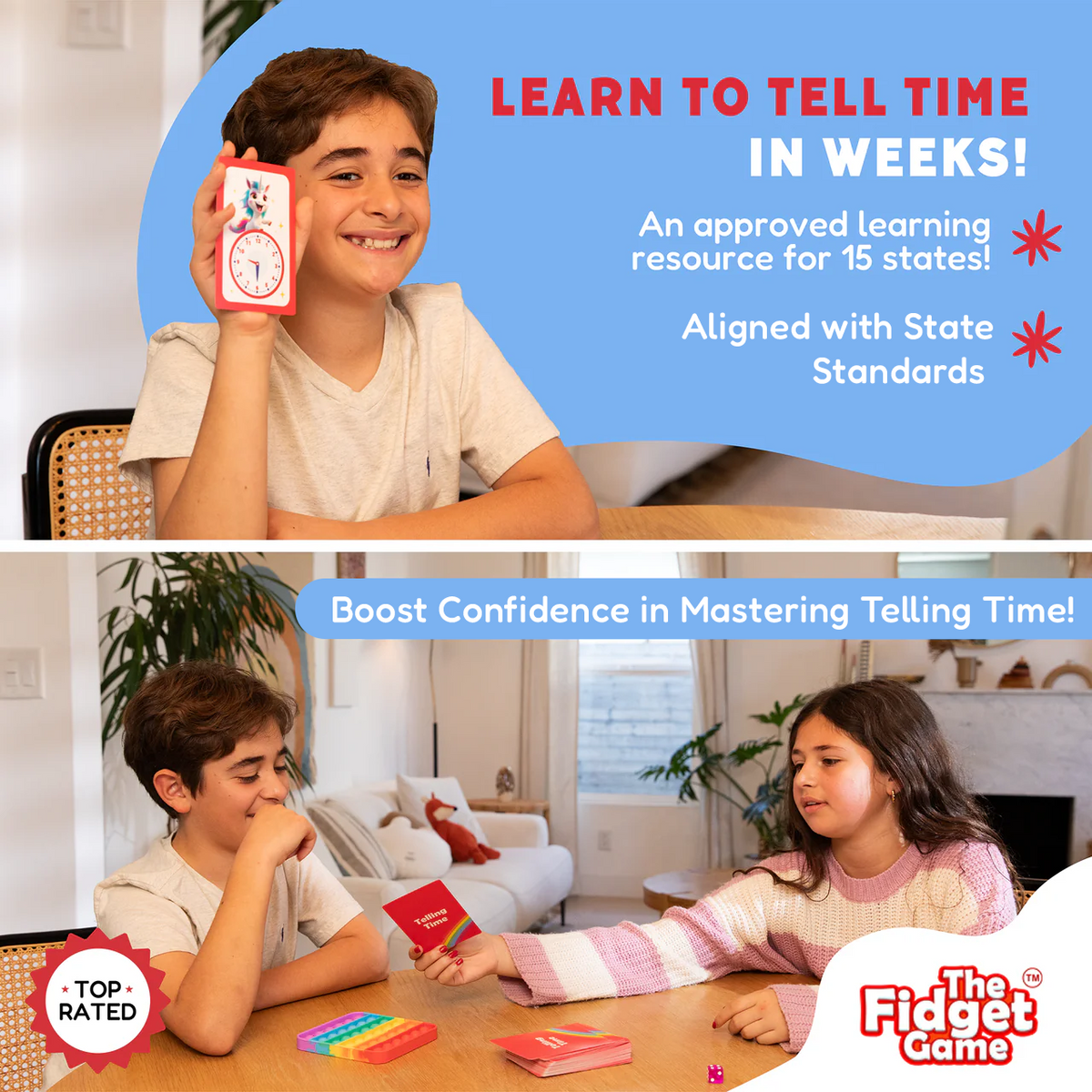 Telling Time Card Pack by The Fidget Games, red clock cards for kids educational toy on Tampa Home & Garden Store