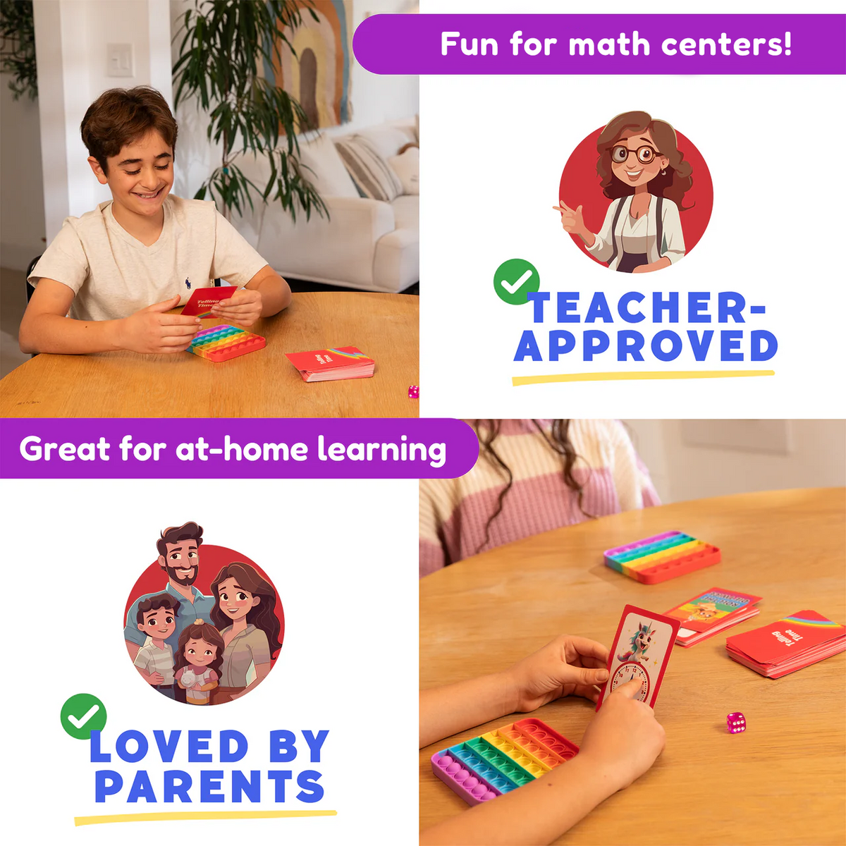 Telling Time Card Pack by The Fidget Games; kid uses rainbow pop-it cards on Tampa Home & Garden Store