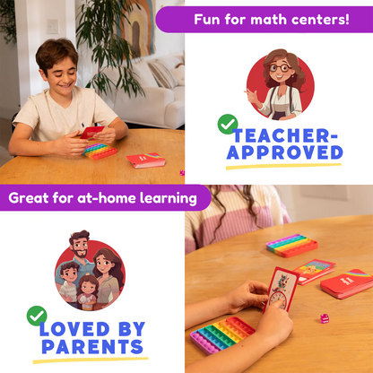 Telling Time Card Pack by The Fidget Games; kid uses rainbow pop-it cards on Tampa Home & Garden Store