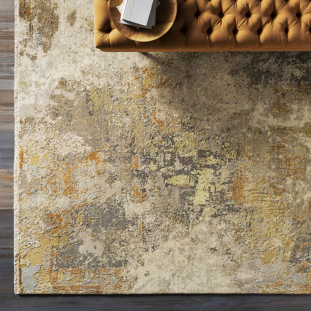 Telogia Carpet by Boutique Rugs, beige-gray rug with abstract pattern on wood floor on Tampa Home & Garden Store