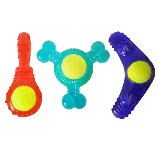 Paquete variado de juguetes para perros con forma de pelota de tenis (bumerán, chirriador de 3 huesos y chirriador naranja)