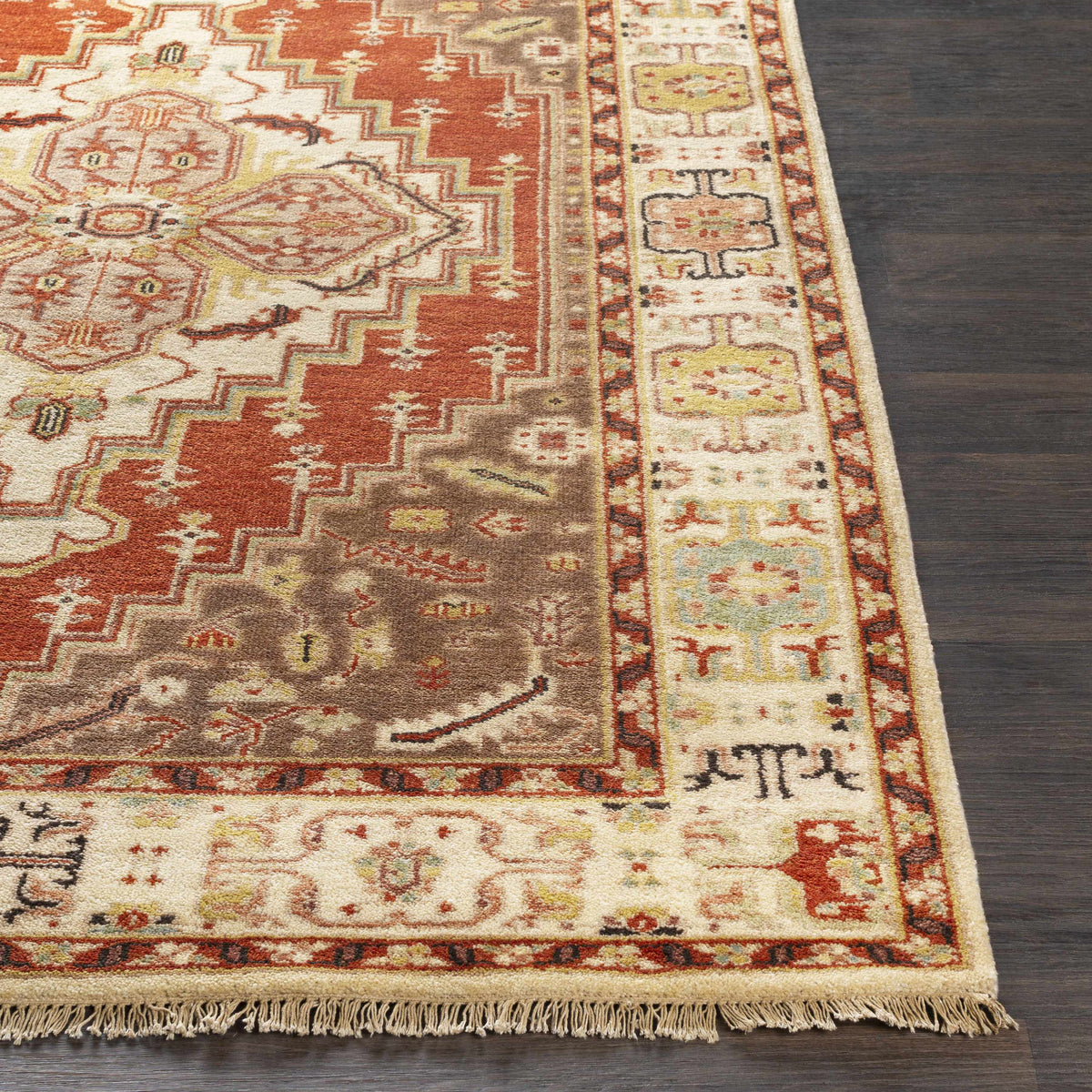 Texico Area Rug by Boutique Rugs, red ivory oriental pattern with fringed edge on Tampa Home & Garden Store
