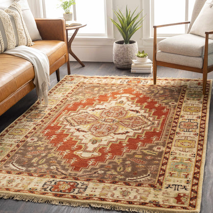 Texico Area Rug Boutique Rugs clearance with red cream geometric motif in living room on Tampa Home & Garden Store