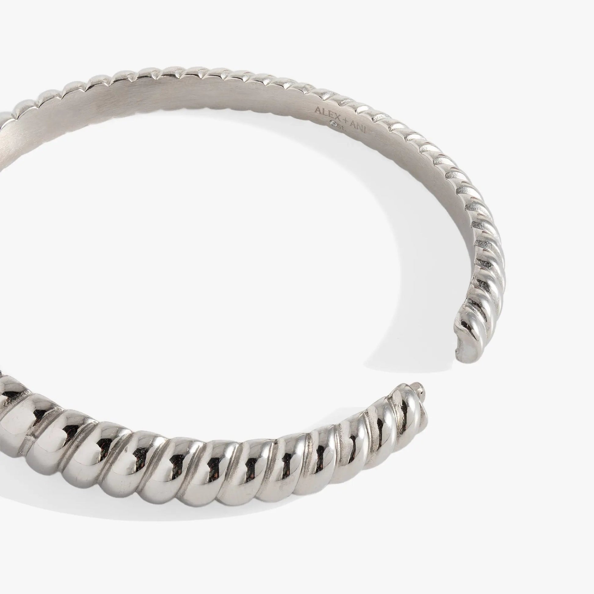 Stainless steel rope-textured silver bangle with ALEX AND ANI engraving on inner edge on Tampa Home & Garden Store
