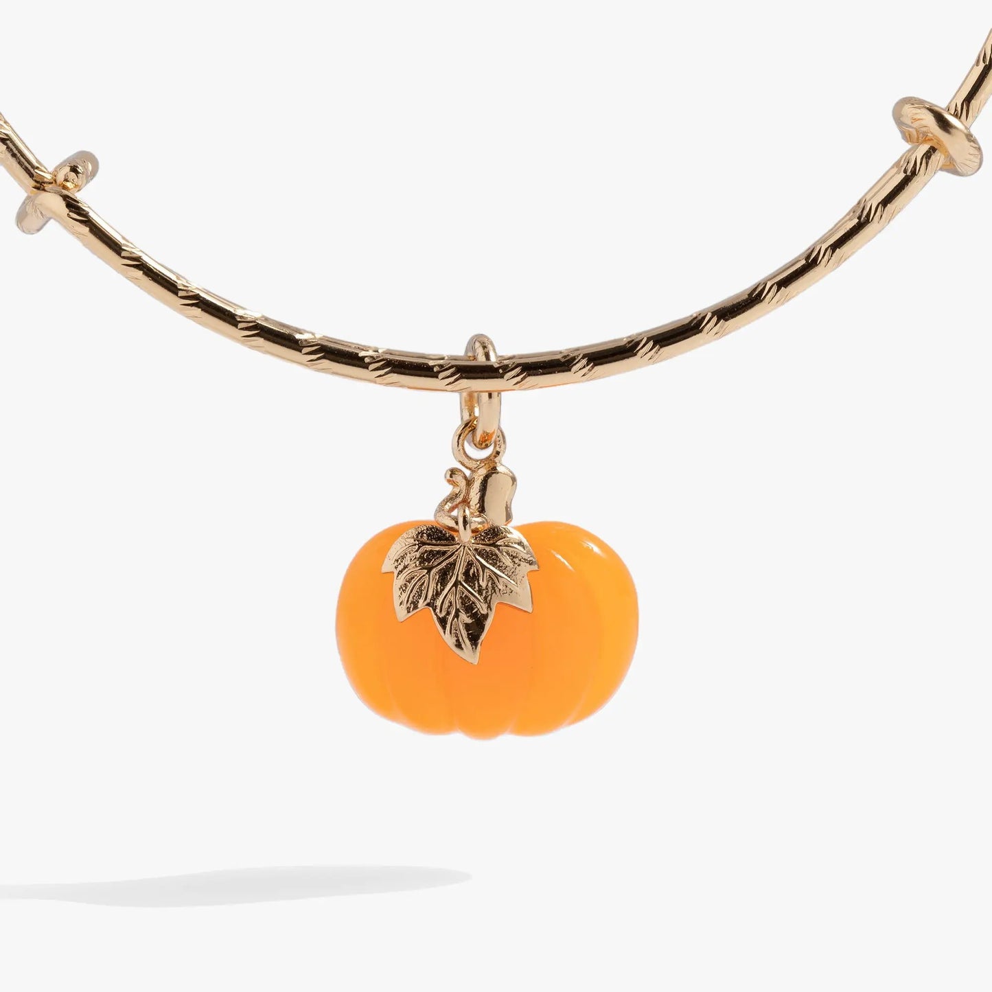 Pumpkin Textured Bangle gold-tone bracelet with orange pumpkin charm and leaf on Tampa Home & Garden Store