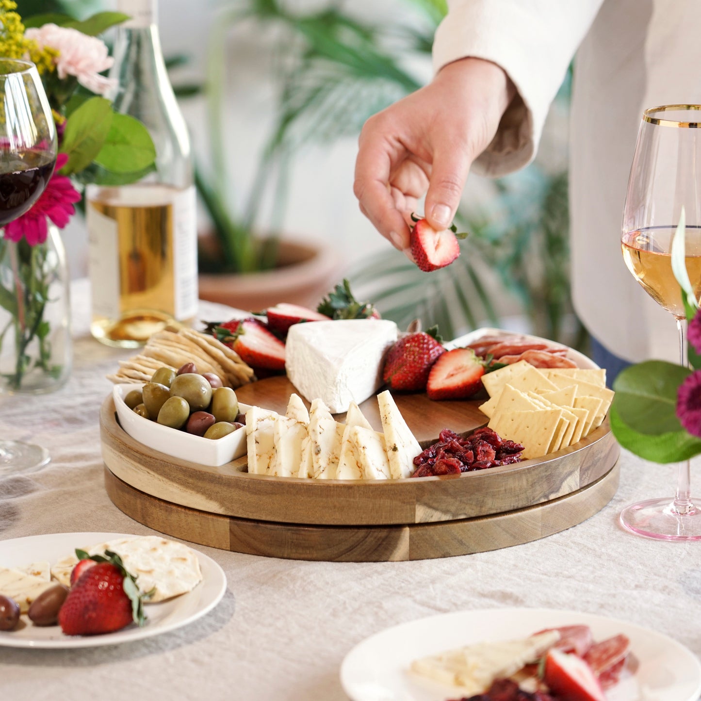 Acacia Rotating Charcuterie Board and Ceramic Dishes