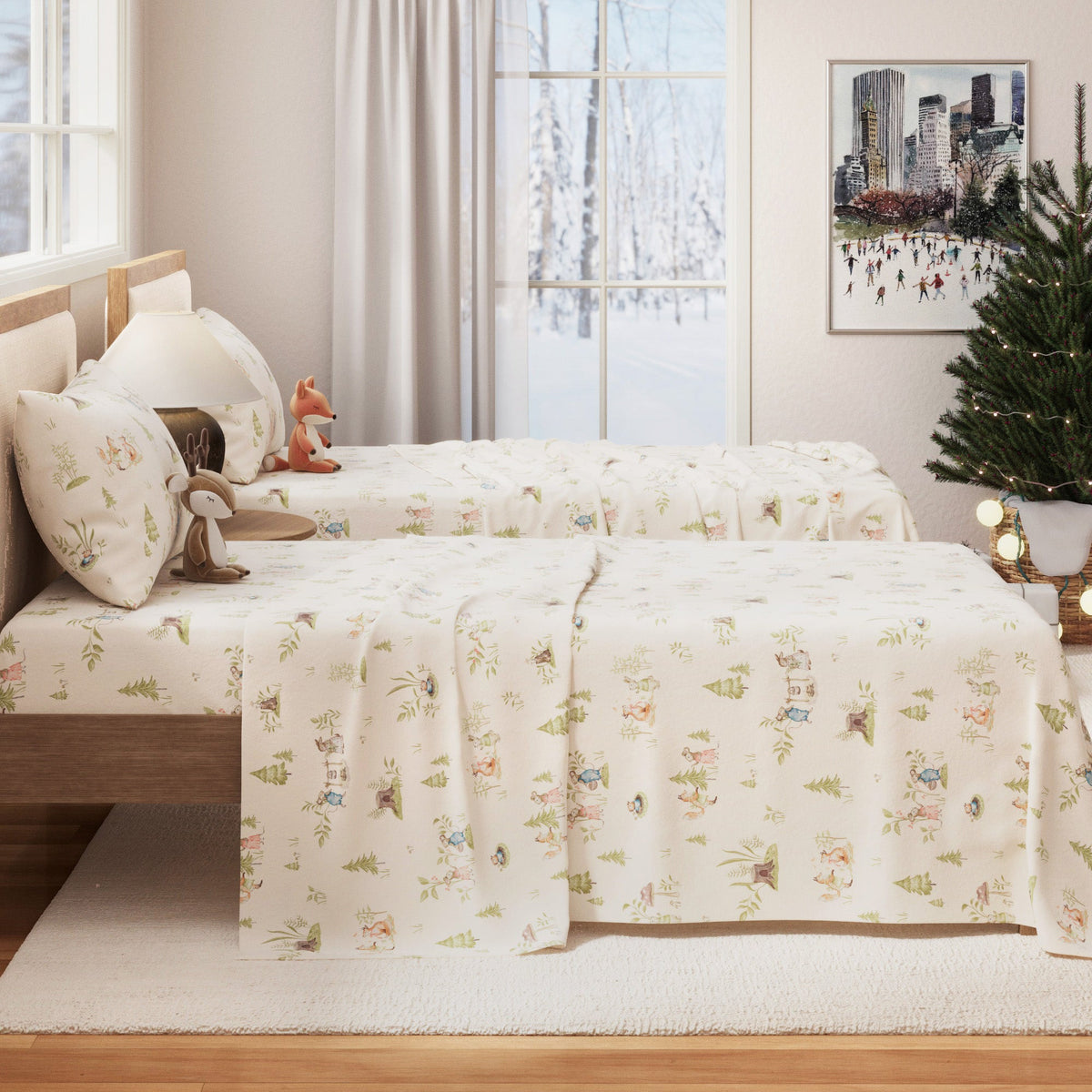 Turkish Cotton Flannel Sheet Set - Kids' Christmas Collection, cream with woodland prints Great Bay Home on Tampa Home & Garden Store
