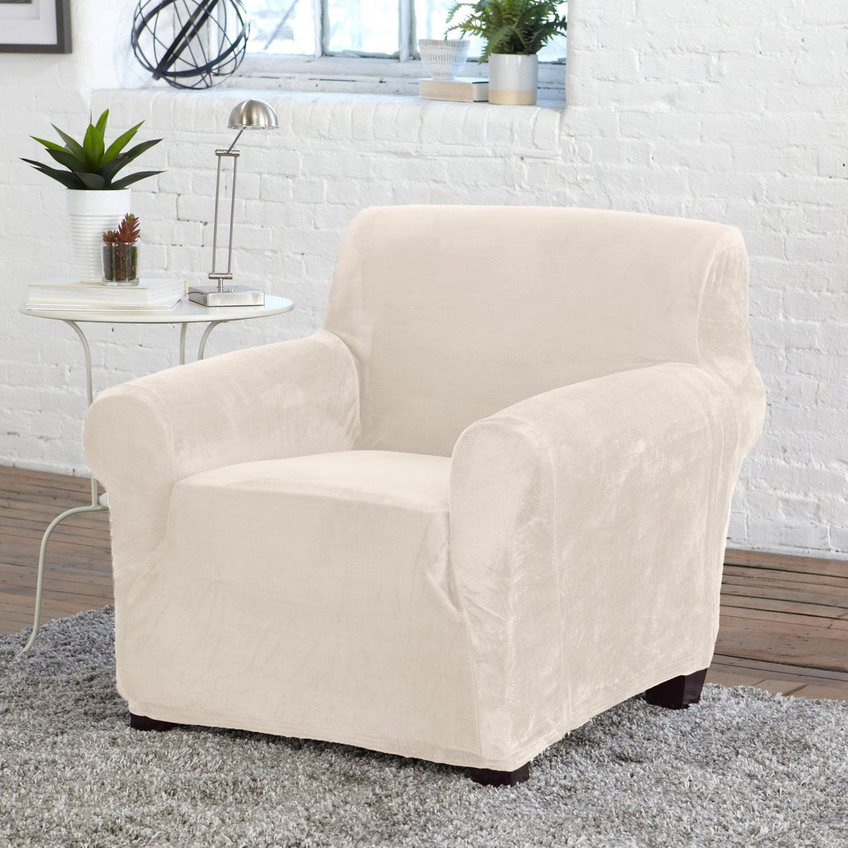 Velvet Stretch Slipcover Gale Collection by Great Bay Home on a cream sofa on Tampa Home & Garden Store