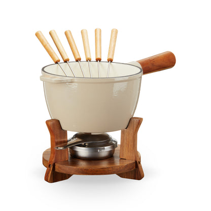 Wood and Cast Iron Fondue Set with Burner