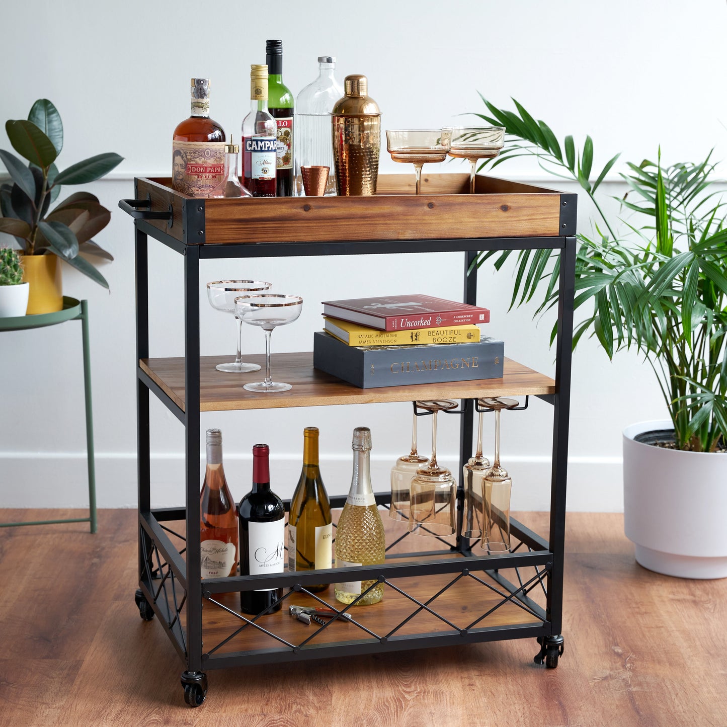 the modern manor rubberwood bar cart and tray