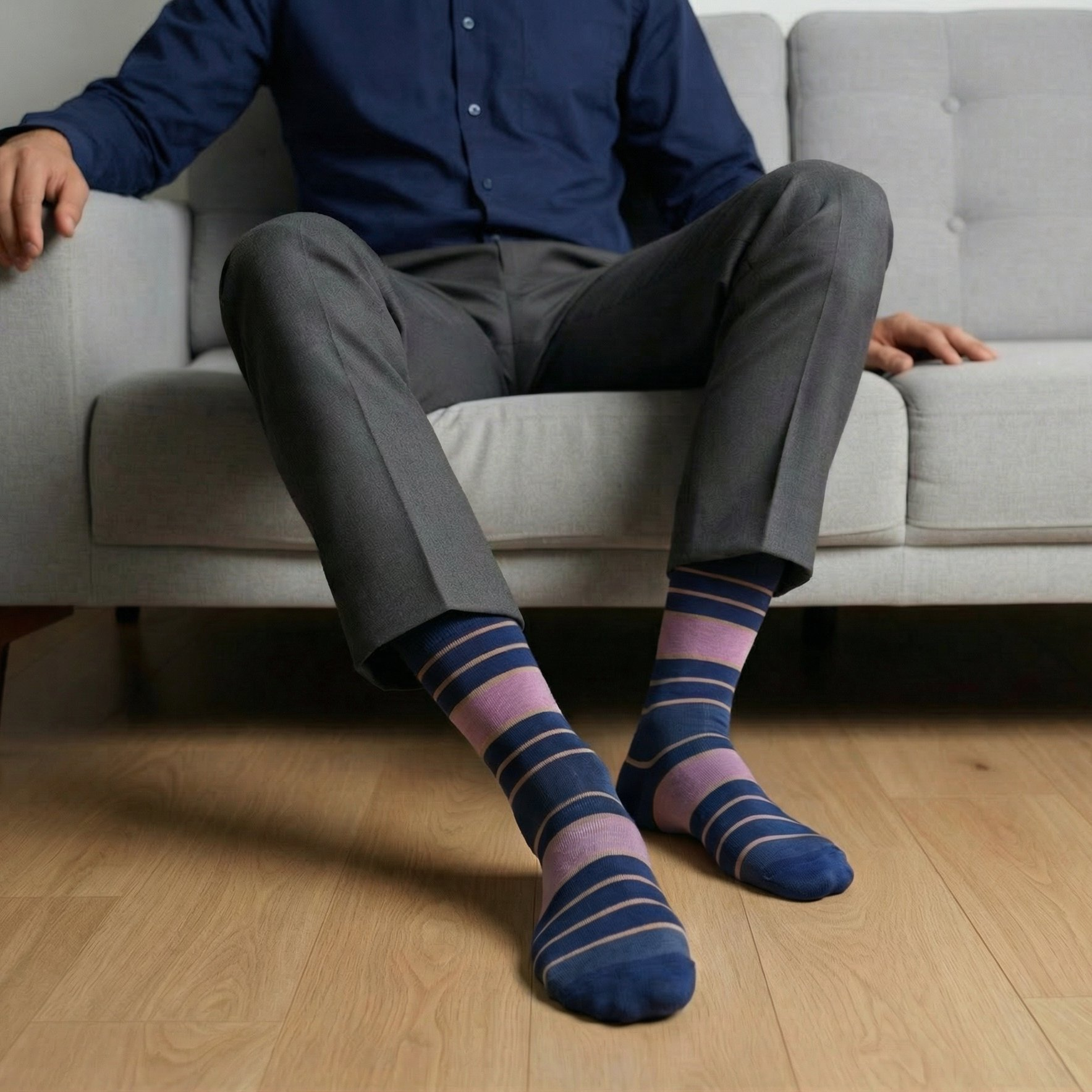DeadSoxy The Blues Dress Sock Bundle boardroom dress socks blue pink stripes worn with pants on Tampa Home & Garden Store