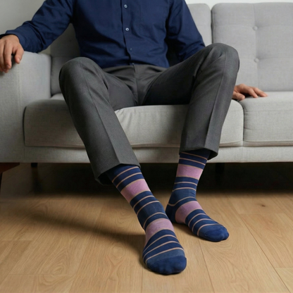 DeadSoxy The Blues Dress Sock Bundle boardroom dress socks blue pink stripes worn with pants on Tampa Home & Garden Store