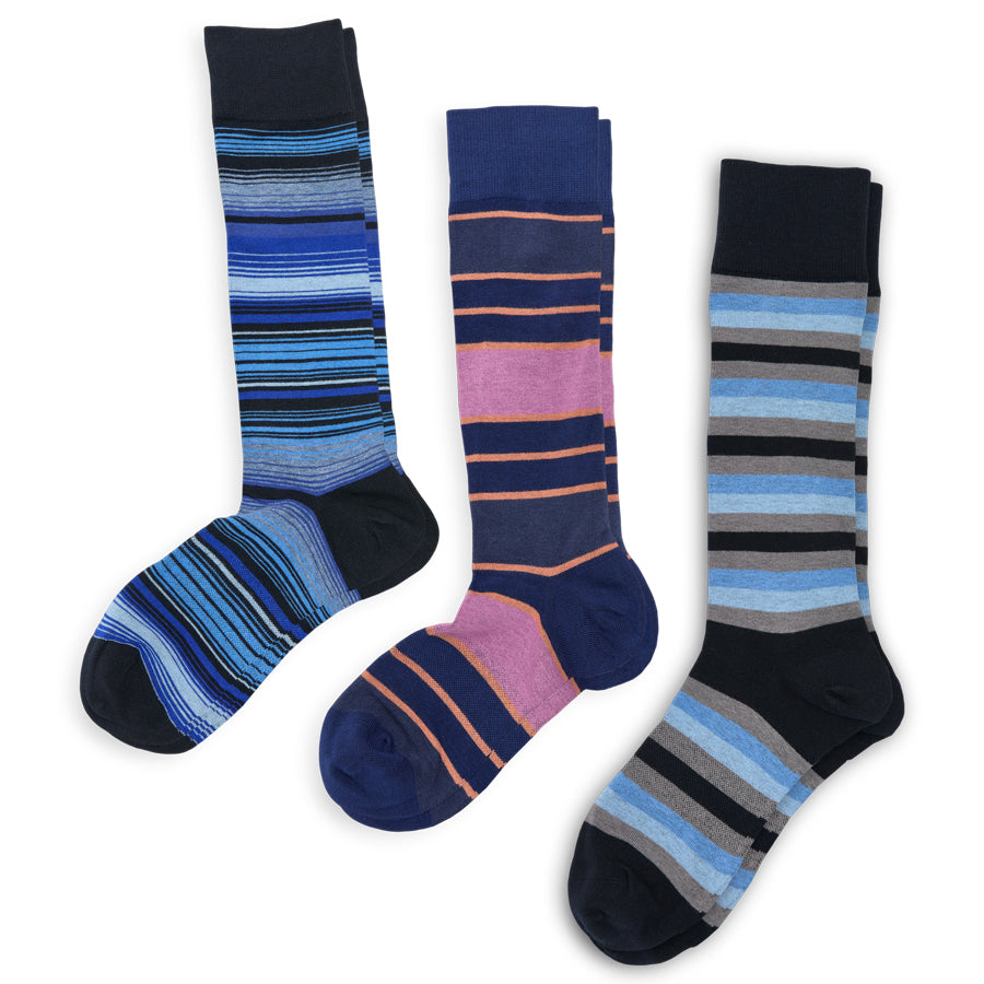 DeadSoxy The Blues Dress Sock Bundle boardroom dress socks in three blue striped patterns on Tampa Home & Garden Store